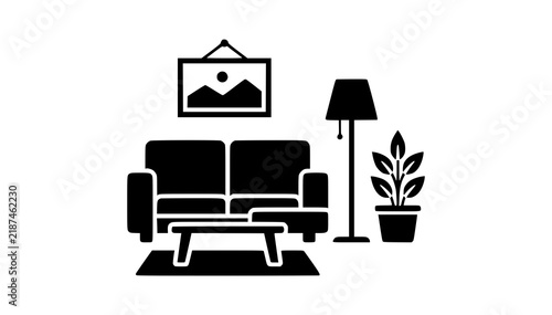 Minimalist Living Room Furniture Vector Icon with Sofa Lamp and Plant