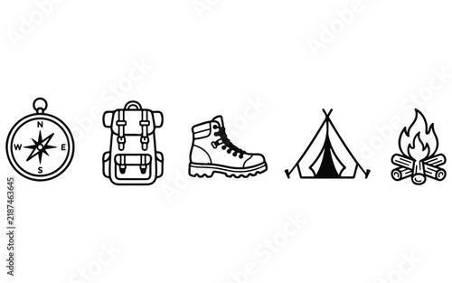 Set of black and white camping and hiking equipment icons including compass backpack boot tent and campfire