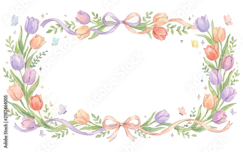 Watercolor floral frame with tulips ribbons and butterflies on a white background