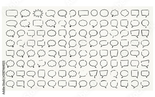Collection of hand drawn speech bubbles and thought balloons in black and white