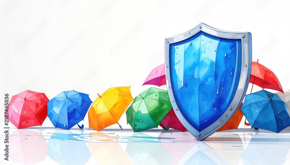 Obraz premium A blue metal shield protecting colorful umbrellas against rain on a white background.