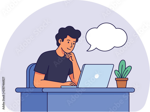 Young man thoughtfully considering ideas while working on a laptop