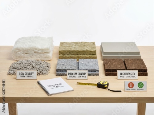 Plakat home insulation materials Samples of three insulation materials with low, medium, and high density on display.