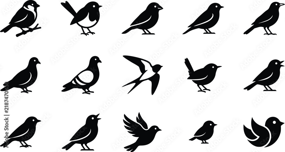 Fototapeta premium Fifteen black silhouette of various small birds including sparrows, pigeons, and songbirds in different poses on a white background