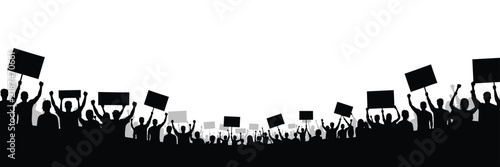 Foto Large crowd of protesting people silhouettes holding signs and banners for rally