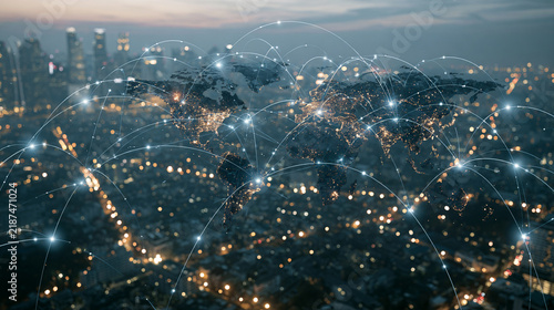 Aerial view of a city illuminated at night, featuring a digital network overlay connecting different areas, symbolizing global connectivity through technology and urban development