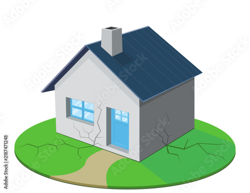 Isometric house with cracked walls and fissured ground, symbolizing property subsidence, earthquake damage, structural defect, and home insurance risk. (cut out)