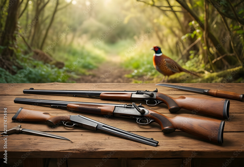 Fototapeta premium Hunting and wildlife conservation, collection of vintage shotguns and hunting knives on a wooden table with a pheasant in the forest background