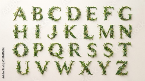 Botanical alphabet A-Z. Each capital letter is formed from green leaves, vines, and small flowers arranged on a clean off-white background.