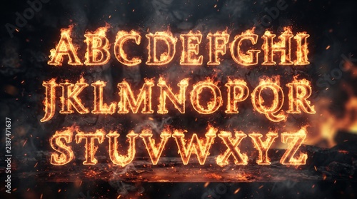 Fiery alphabet A-Z. Capital letters engulfed in orange flames with glowing embers and smoke against a dark, smoky background.