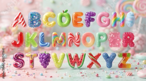 Candy-themed alphabet A-Z. Each glossy 3D letter looks like sweets: candy cane, donut, apple, grapes, lollipop, gummy bear, watermelon on a pastel candy background.