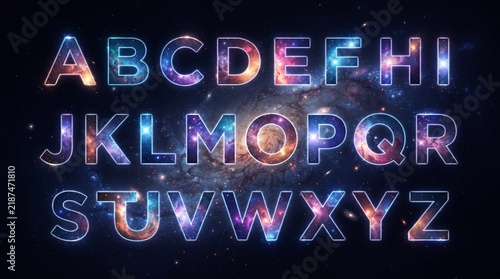 Digital art of the full alphabet A-Z. Bold capital letters filled with a galaxy nebula of stars, purple, blue and orange, glowing outline against a dark space background.