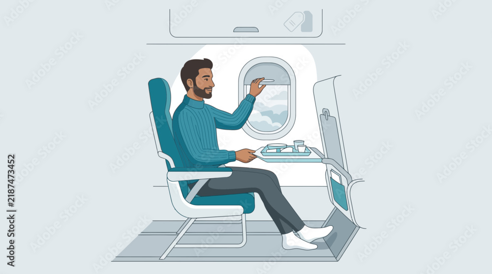 Fototapeta premium Man in airplane seat looking out window, travel illustration