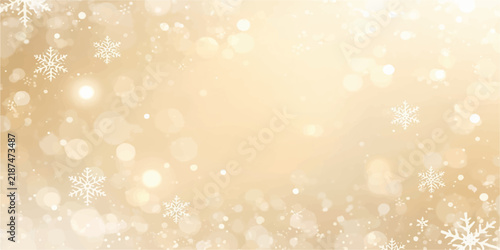 Golden Christmas Background with Glowing Snowflakes, Sparkling Gold Bokeh Lights, Shiny Stars and Festive Holiday Decoration for Winter Celebration and New Year Card Design