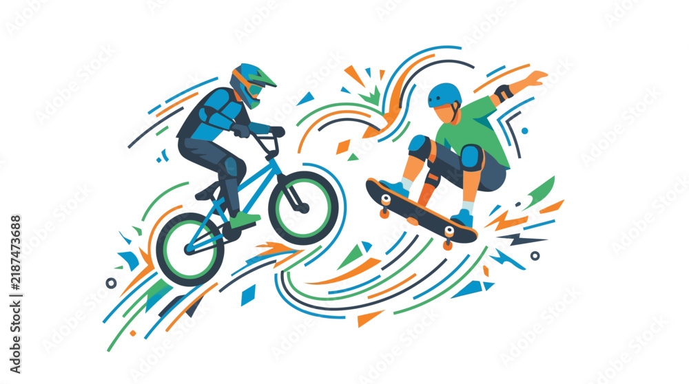 Fototapeta premium Extreme sports concept, BMX bicycle, skateboard, helmet, protective gear and energetic motion lines, clean flat vector, large negative space, copy space, commercial stock illustration, white backgroun