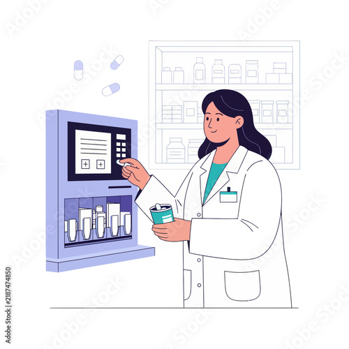 Pharmacist Dispensing Medication from Automated Machine with Shelves of Medicine in Background, Flat Design
