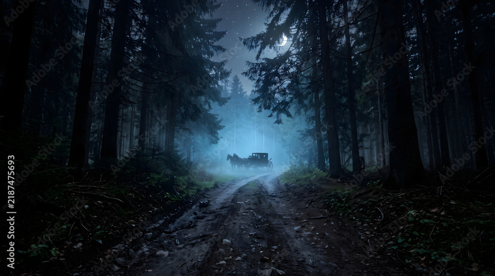 Fototapeta premium Horsedrawn carriage traveling through a dark, foggy, and mysterious forest at night under the moonlight