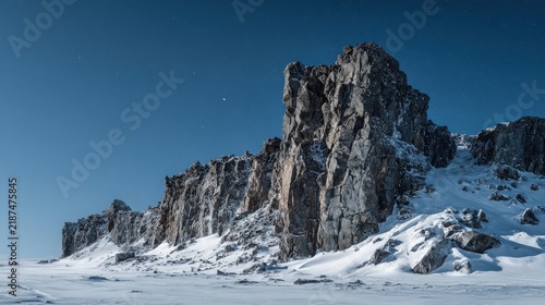 Rugged Snow-Covered Mountain Peaks Against Clear Blue Sky