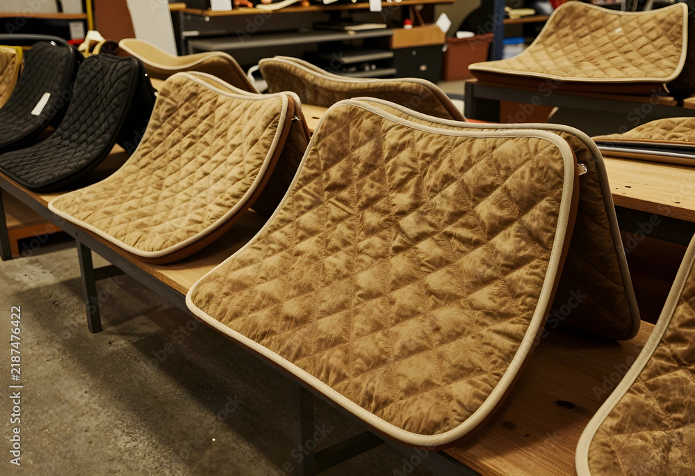 Obraz premium Equestrian equipment manufacturing, quilted saddle pads for horse riding in a workshop, textile production and horse tack supplies in a factory