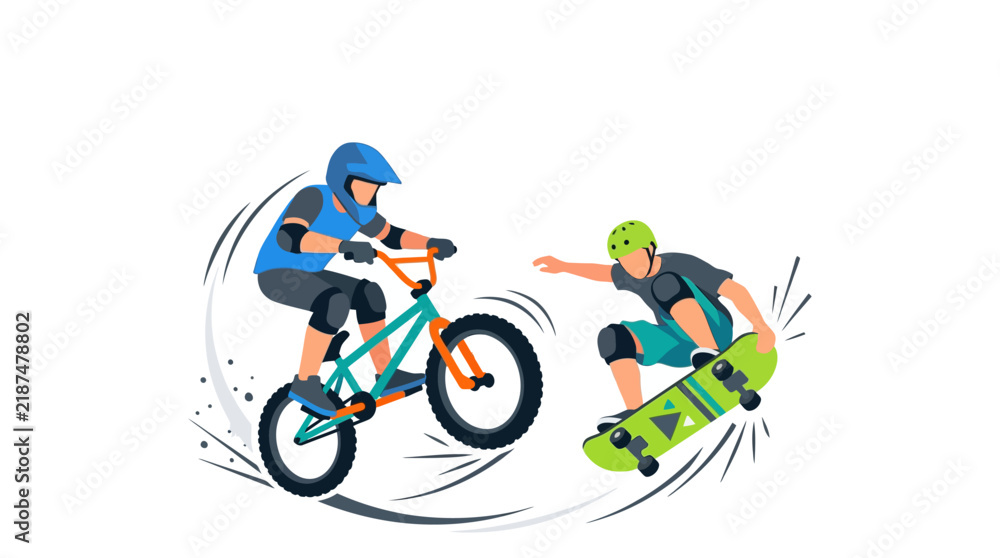 Obraz premium Extreme sports concept, BMX bicycle, skateboard, helmet, protective gear and energetic motion lines, clean flat vector, large negative space, copy space, commercial stock illustration, white backgroun