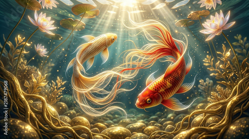 Two glowing koi fish swimming in a magical underwater pond with lotus flowers and golden sunbeams, symbol of luck and zen harmony, ethereal fantasy art