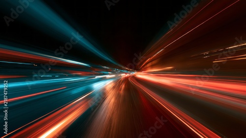Abstract streaking lights creating dynamic motion blur on a dark roadway, long exposure background with glowing energy trails, futuristic speed, movement, night travel, and dramatic atmospheric lighti