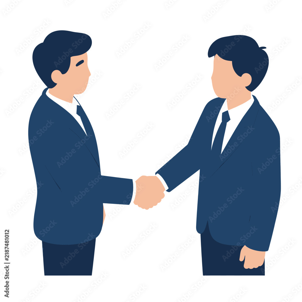 Fototapeta premium Two professional businessmen in blue suits shaking hands during a formal business meeting to seal a successful contract or partnership agreement in a clean minimalist vector illustration
