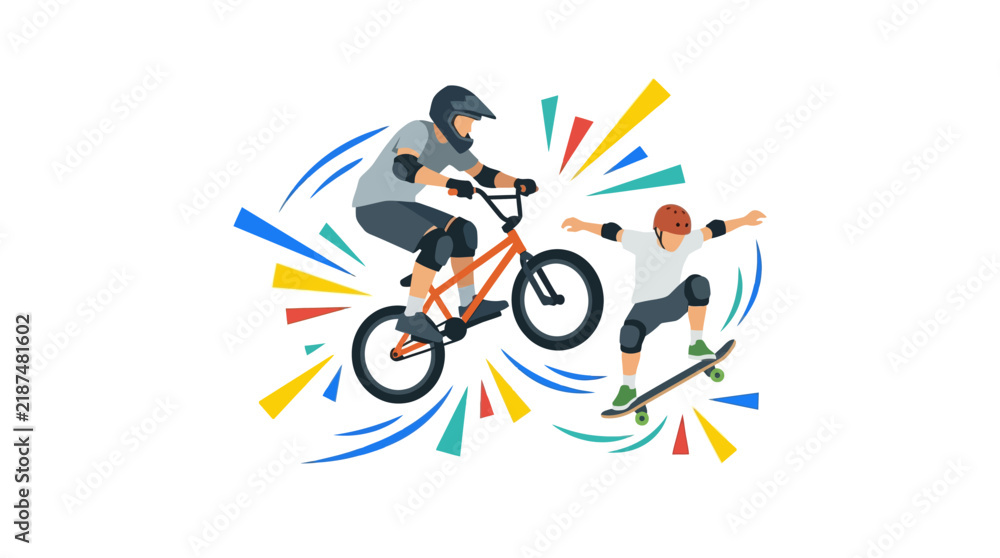 Obraz premium Extreme sports concept, BMX bicycle, skateboard, helmet, protective gear and energetic motion lines, clean flat vector, large negative space, copy space, commercial stock illustration, white backgroun