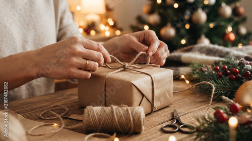 Person wrapping christmas gift box with brown paper and jute twine rope.