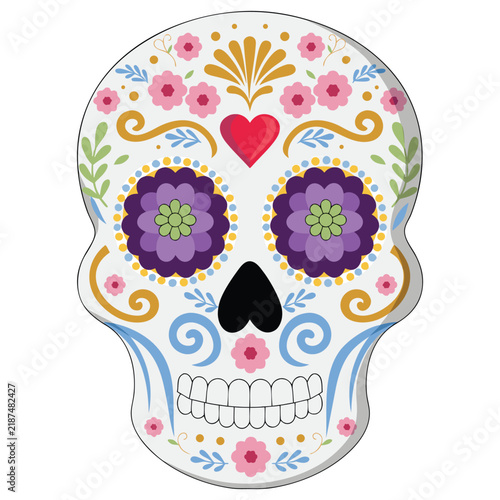 Traditional Dia de Los Muertos Calavera Skull Vector Graphic with Flowers