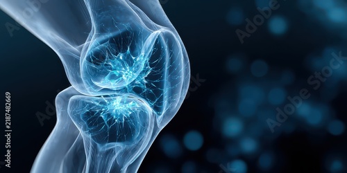 Digital 3D render of a human knee joint showing skeletal structure with blue glowing medical data points