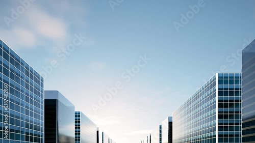 Looping 3d city footage featuring smooth forward dolly, modern glass office buildings, blue sky, symmetrical perspective, corporate business, real estate development, seamless animation background.