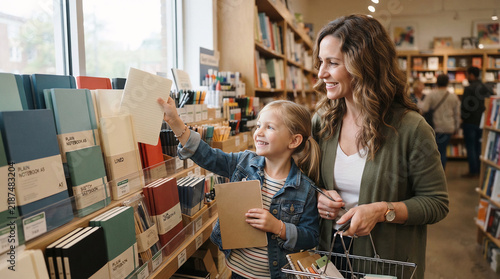Mother and daughter choosing new school notebooks in bookstore aisle area.