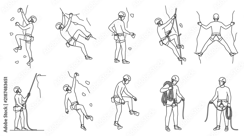 Fototapeta premium Rock climber ascending mountain wall line art set vector designs
