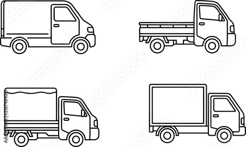 Commercial Delivery Truck and Cargo Van Line Icon Set with Pickup and Box Trucks for Logistics, Shipping, and Transport Graphics