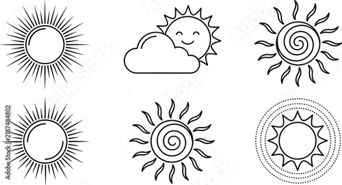 Cute Sun and Weather Line Icon Set with Smile Face and Spiral Rays for Summer Kids Designs, Logos, and Mobile Apps