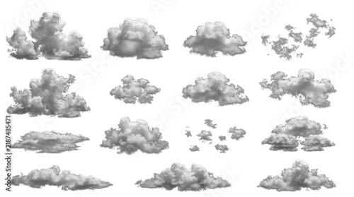 Photography Collection of various fluffy white clouds isolated on transparent background