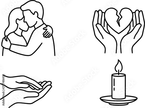 Sadness and Mourning Line Icon Set with Broken Heart, Hugging Couple, Comforting Hands, and Burning Candle Symbols for Condolence and Funeral Designs
