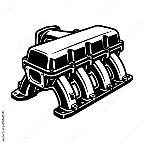 Black and white of a car engine intake manifold component