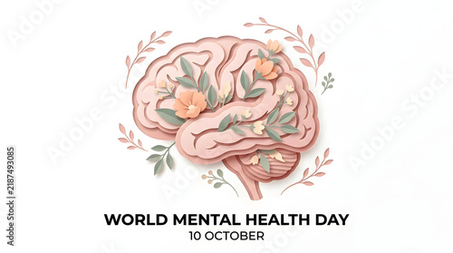 Human brain decorated with flowers and leaves for world mental health day celebration floral brain wellness
