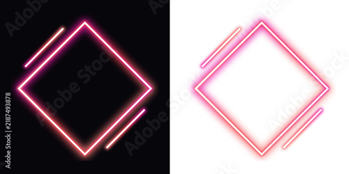 Neon pink glowing diamond square frames on black and transparent backgrounds