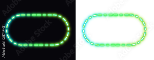 Neon glowing dashed pill shape frame with black and transparent background
