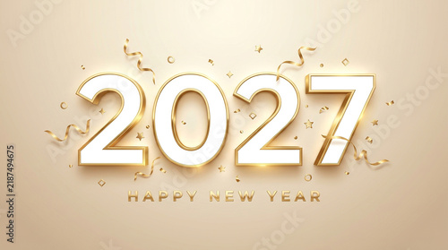Minimalist 2027 numbers with gold trim and subtle confetti, offering a chic backdrop for new year wishes.
