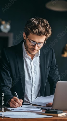 A man preparing for a business pitch with notes and laptop on desk