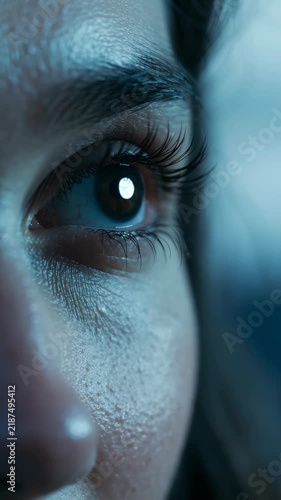 Extreme close-up shot of a human eye gazing thoughtfully in the dark night. Soft moonlight reflection visible inside the dark pupil, delicate blinking motion, cool blue cinematic lighting