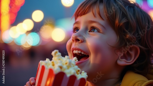 Happy Child Eating Popcorn. Smiling Child at Amusement Park. Popcorn and Carnival Fun. Joyful Summer Fairground Moment. Child Watching Amusement Rides. Happy Entertainment Experience