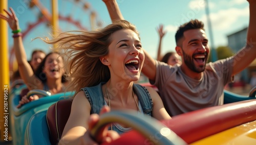 Excited People on Roller Coaster. Happy Friends Riding Roller Coaster. Thrilling Amusement Park Ride. Hands Raised in Excitement. Joyful Carnival Adventure. Extreme Ride Experience