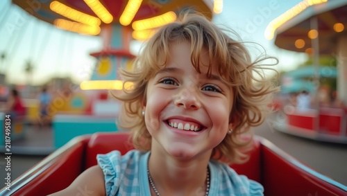 Happy Child on Amusement Ride. Smiling Child at Carnival. Joyful Fairground Adventure. Colorful Summer Entertainment. Excited Child Portrait. Fun Amusement Park Moment