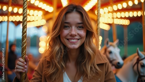 Young Woman Riding Carousel. Smiling Woman at Amusement Park. Joyful Carousel Ride. Magical Fairground Moment. Colorful Carousel Lights. Happy Summer Entertainment