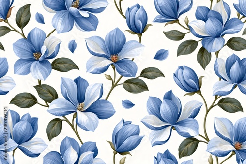 Seamless blue magnolia flower pattern botanical wallpaper